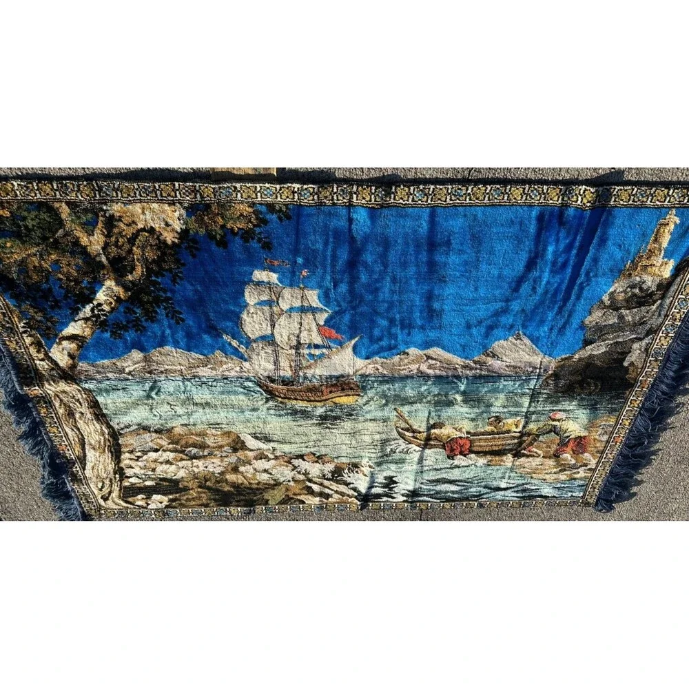 Vintage Italy Velvet Wall Rug Nautical Ship Lighthouse Scene 58x38